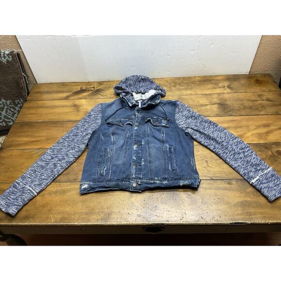 Free People Knit Hooded Denim Jacket Pumice Blue Size Large Distressed - Picture 1 of 13